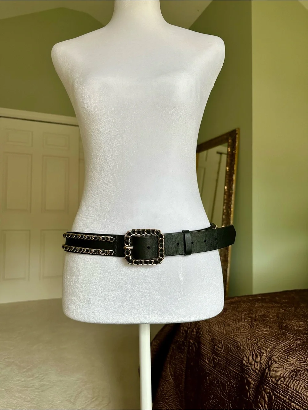 WHBM Black Leather Chain Link Belt